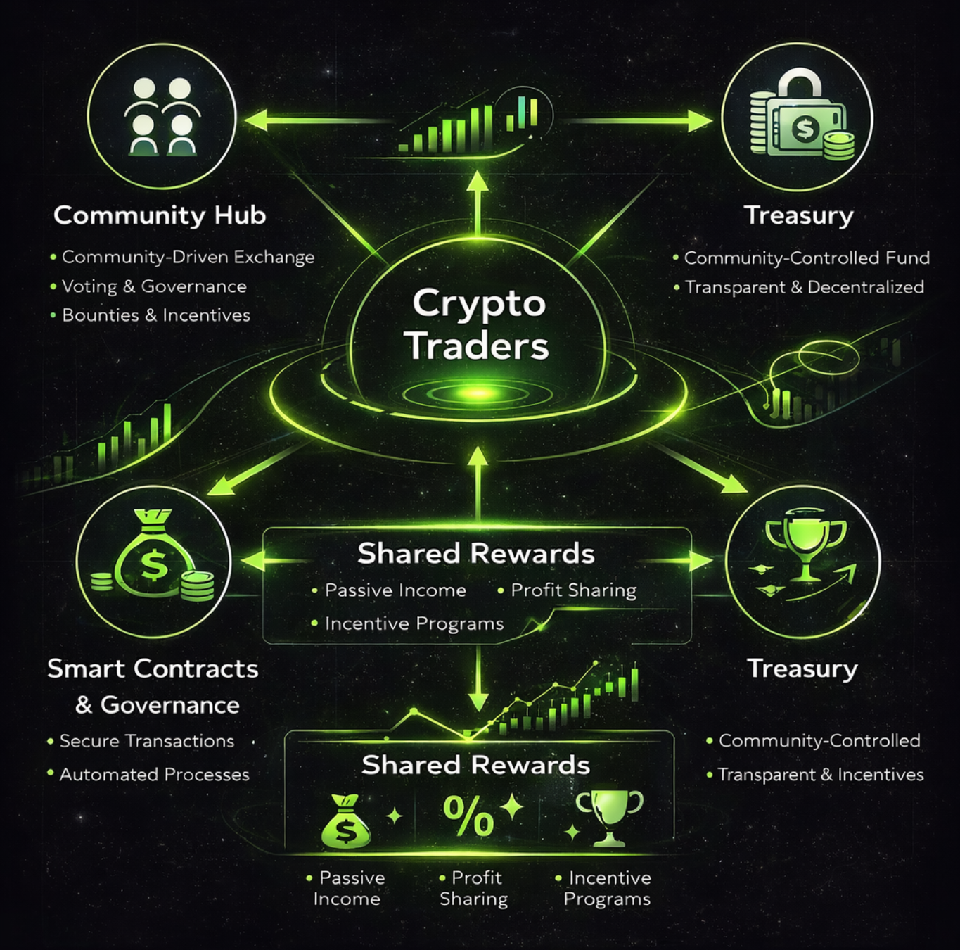 Scribe ecosystem flow diagram showing Community Hub, Treasury, Smart Contracts & Governance, and Shared Rewards connected to Crypto Traders at the center